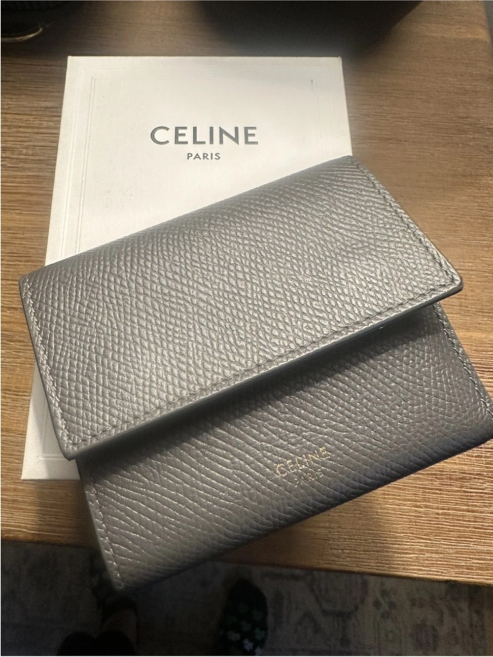 Celine Gray Leather Tri-Fold Wallet with Gold Hardware